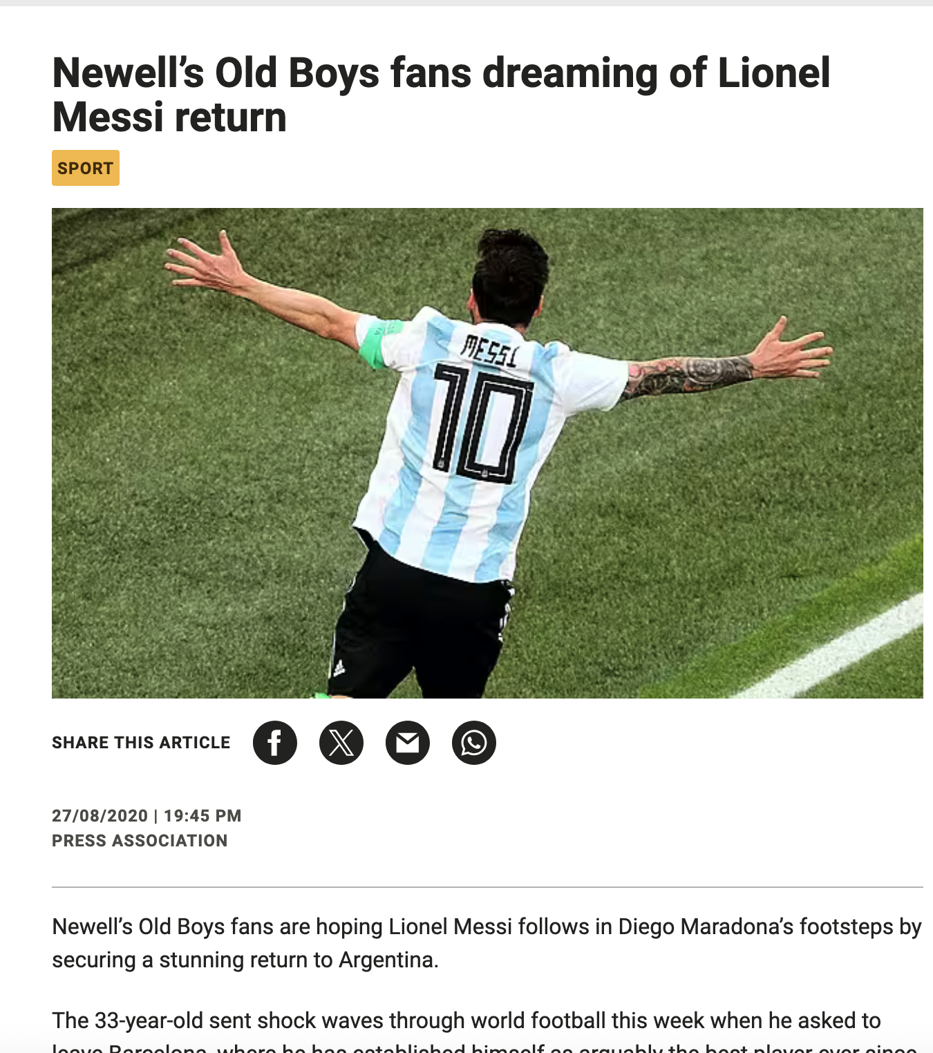 Breaking News IE - Newell's Old Boys fans dreaming of Messi return