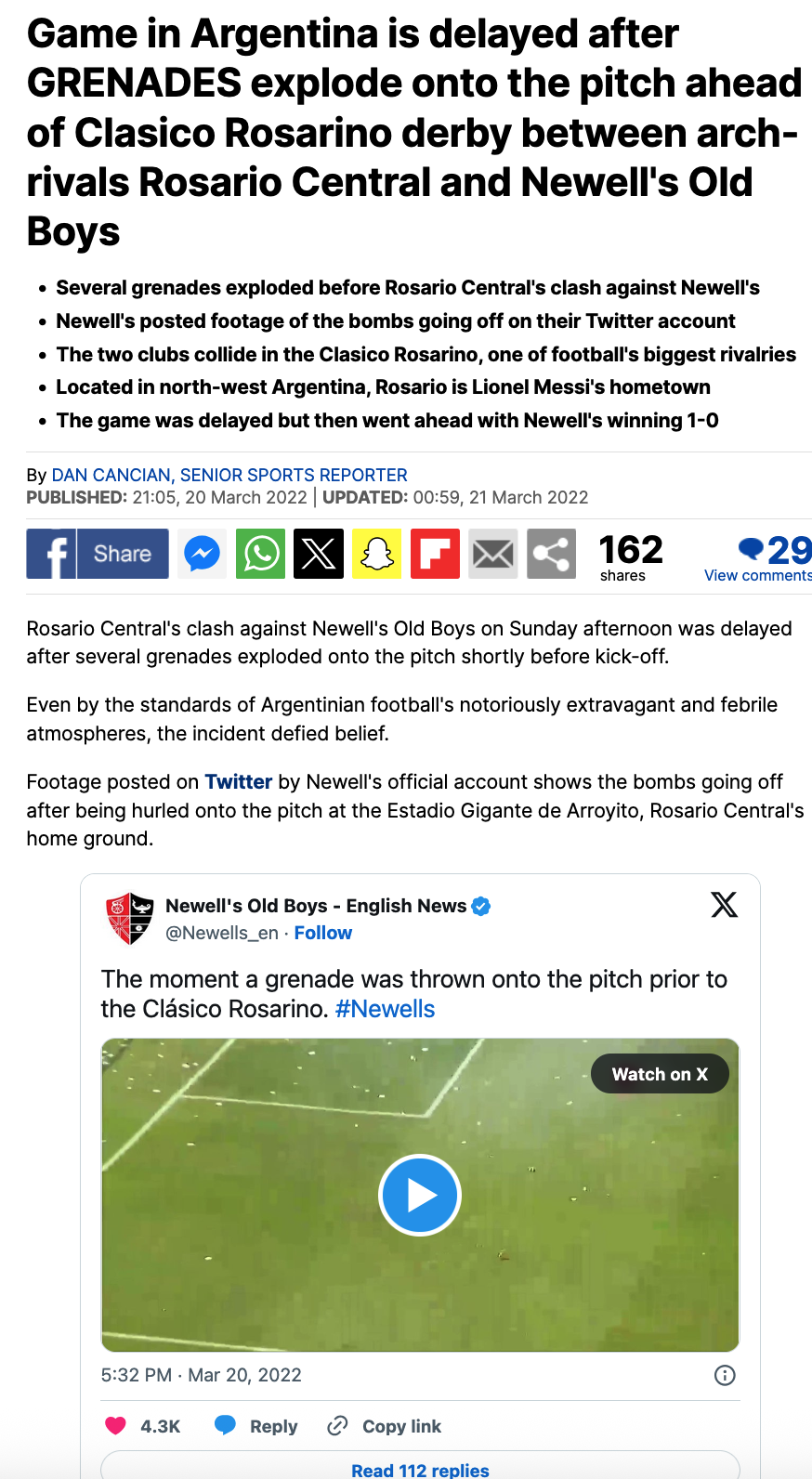 Daily Mail - Grenades explode ahead of Clásico Rosarino