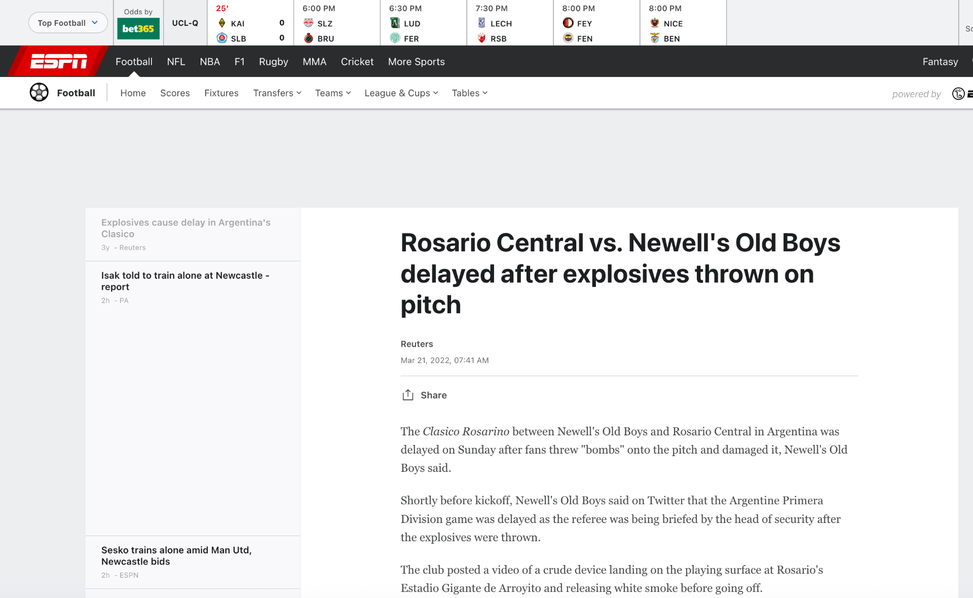 ESPN - Rosario Central vs Newell's Old Boys delayed after explosives